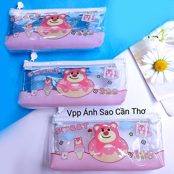 Bóp viết gấu dâu 1 ngăn trong suốt